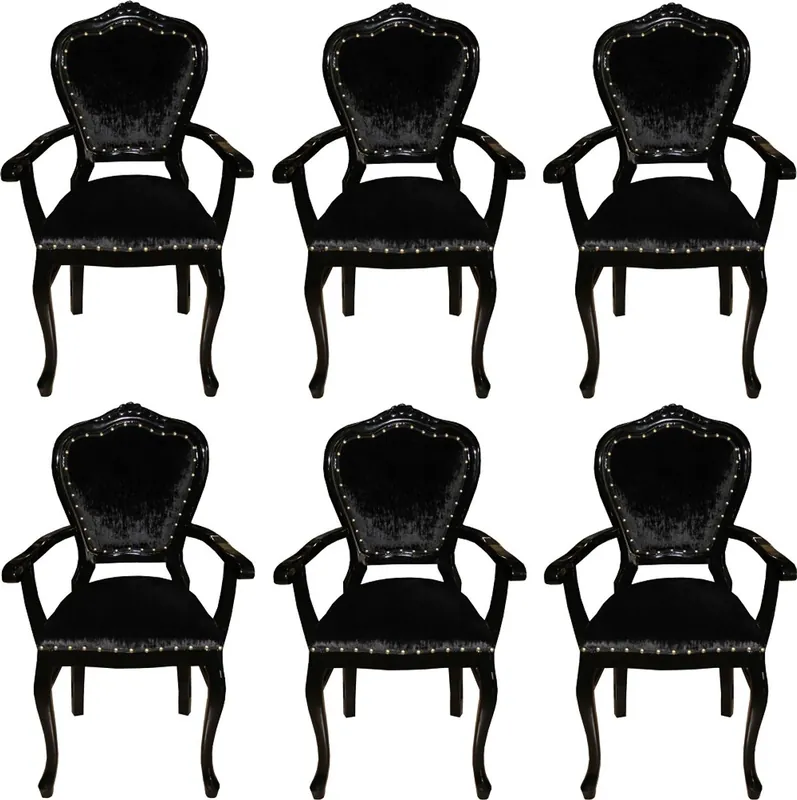 Casa Padrino Luxus Barock Esszimmer Set Schwarz / Schwarz 60 x 47 x H. 99 cm - 6 handgefertigte Esszimmerstühle mit Armlehnen - Barock Esszimmermöbel Sofort Bestellen