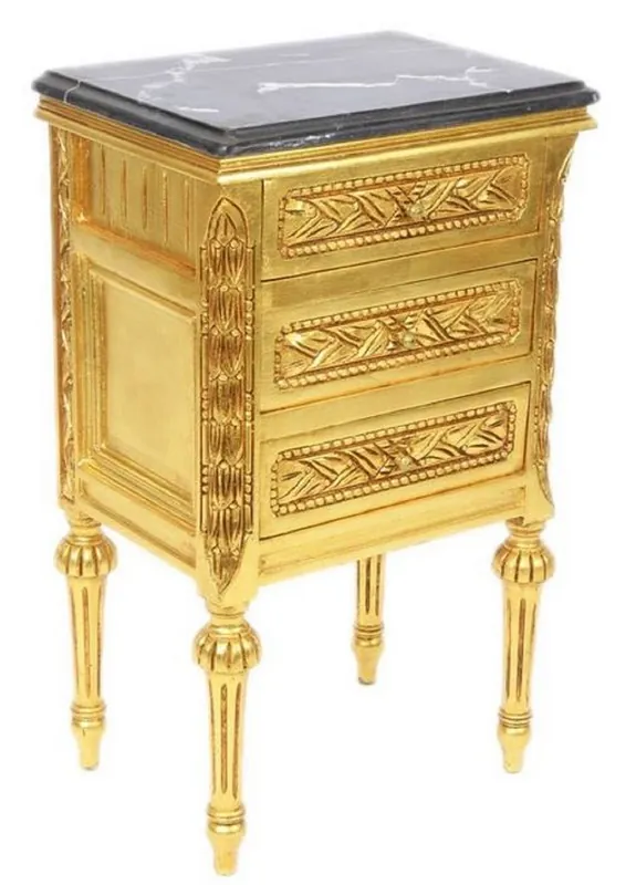 Casa Padrino Barock Beistelltisch mit 3 Schubladen und Marmorplatte Gold / Schwarz 45 x 55 x H. 75 cm - Barockmöbel Highlight