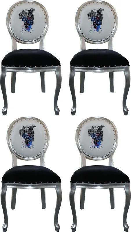 Garantierte Lieferung Pompöös by Casa Padrino Luxus Barock Esszimmerstühle Schwarz / Weiß / Silber 50 x 60 x H. 104 cm - Pompööse Barock Stühle designed by Harald Glööckler - 4 Esszimmerstühle