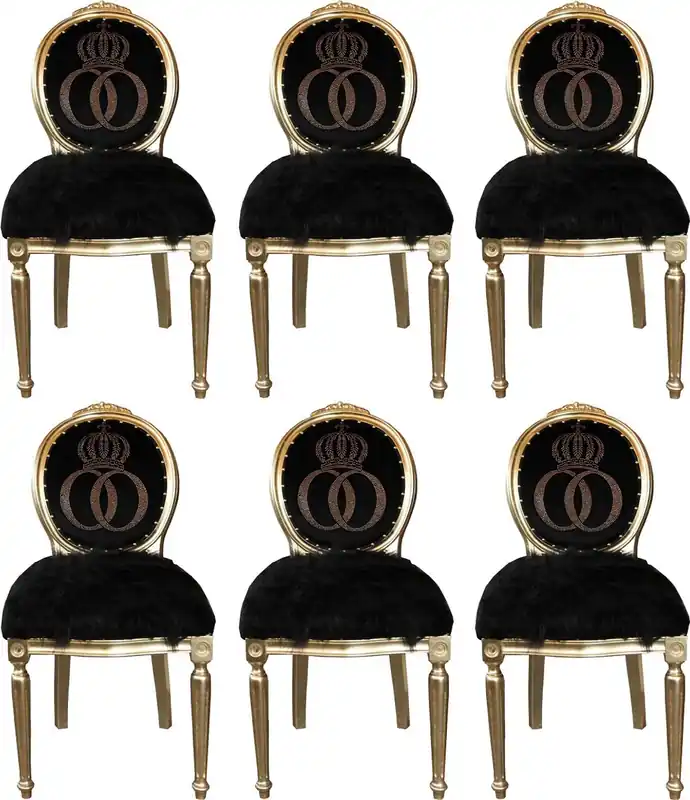Pompöös by Casa Padrino Luxus Barock Esszimmerstühle Kunstfell Schwarz / Gold Krone mit Glitzersteinen 50 x 60 x H. 104 cm - Pompööse Barock Stühle designed by Harald Glööckler - 6 Esszimmerstühle Sonderaktion