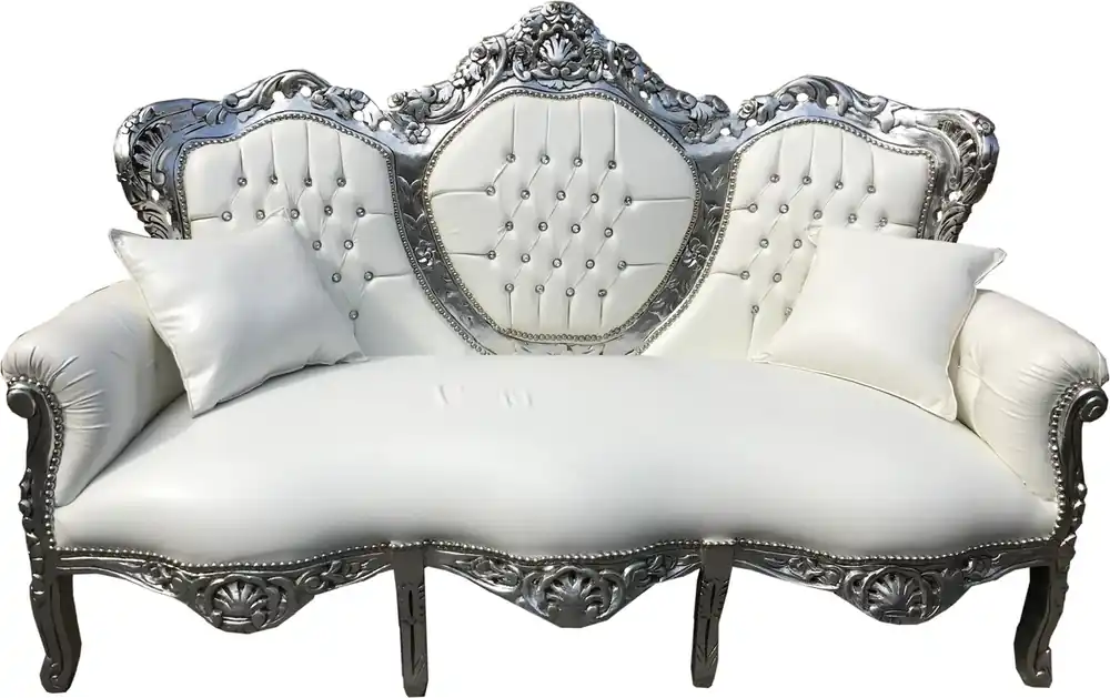 Sale Casa Padrino Barock 3er Sofa King Weiß Lederoptik / Silber mit Bling Bling Glitzersteinen - Wohnzimmer Couch Möbel Lounge