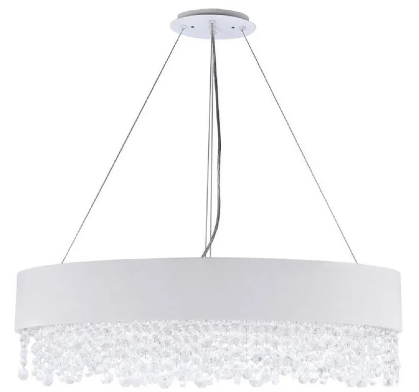 Casa Padrino Kristall Hängeleuchte Silber / Weiß 72 x 27 x H. 21 cm - Außergewöhnliche ovale Leuchte mit Metallrahmen und Stoffbezug Must-Have