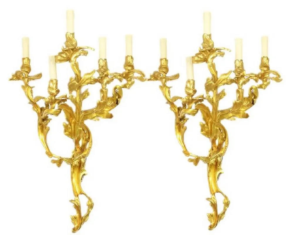 Casa Padrino Barock Wandkerzenhalter Set Gold 55 x 35 x H. 80 cm - Prunkvolle Wandkerzenhalter aus vergoldeter Bronze - Barock Wanddeko Geprüft