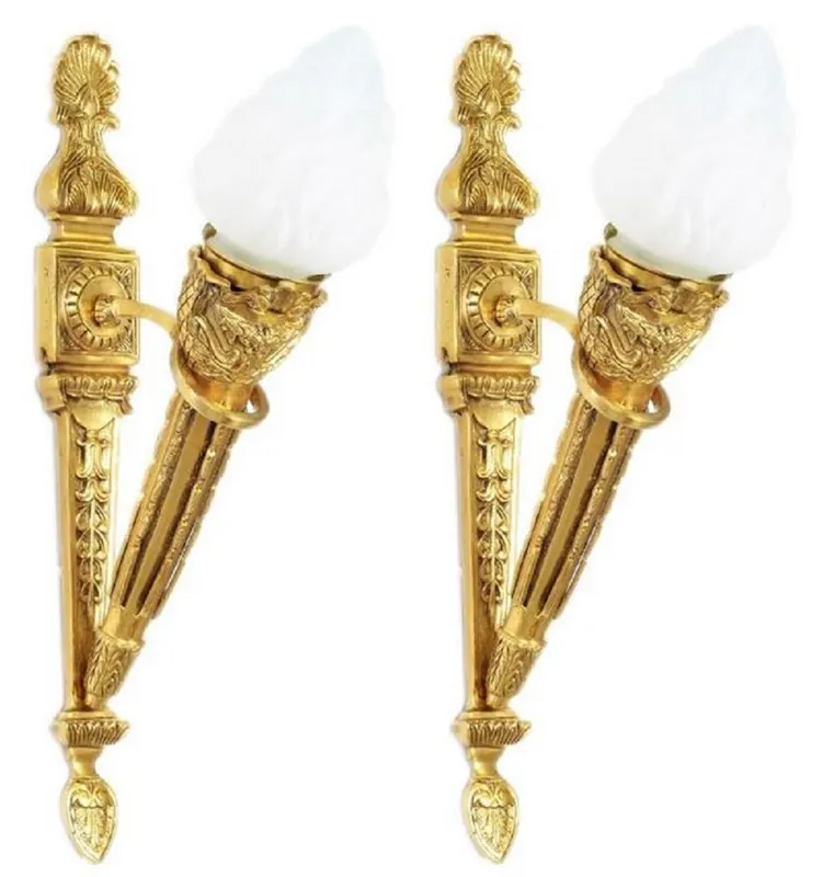 Casa Padrino Barock Wandleuchten Set Gold / Weiß 15 x 25 x H. 60 cm - Vergoldete Bronze Wandlampen im Fackel Design Abverkauf