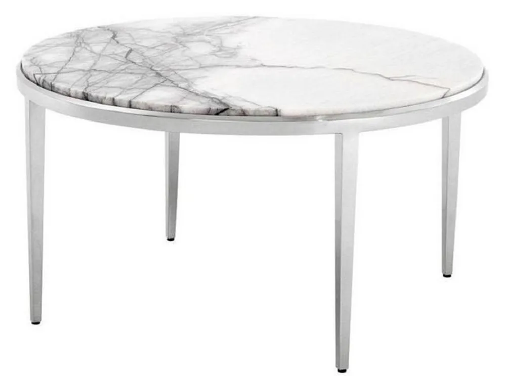 Casa Padrino Luxus Couchtisch Weiß / Silber Ø 65 x H. 36 cm - Runder Wohnzimmertisch mit Marmorplatte Preiswert