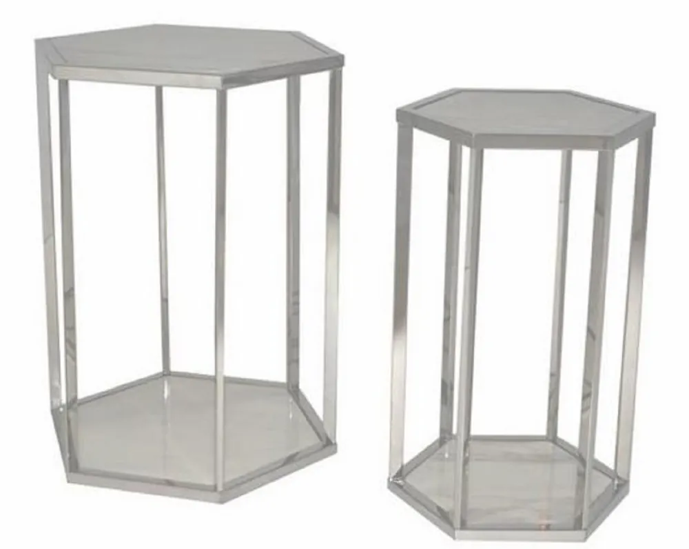 Casa Padrino Luxus Beistelltisch Set Silber / Weiß - Edelstahl Tische mit Marmorplatten - Luxus Kollektion Letzte Chance