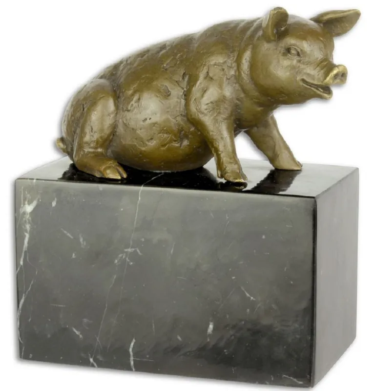 Billig Casa Padrino Luxus Bronzefigur sitzendes Schwein Bronze / Schwarz 8 x 14 x H. 15,6 cm - Dekofigur mit Marmorsockel