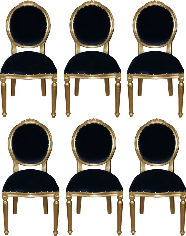 Casa Padrino Luxus Barock Esszimmer Set Medaillon Royalblau / Gold 50 x 52 x H. 99 cm - 6 handgefertigte Esszimmerstühle - Barockmöbel Schneller Versand