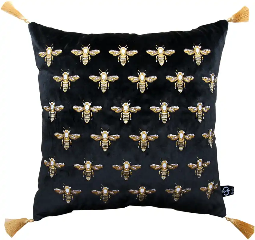 Sonderangebot Casa Padrino Luxus Deko Kissen mit Troddeln Bees Schwarz / Gold 45 x 45 cm - Feinster Samtstoff - Luxus Deko Accessoires