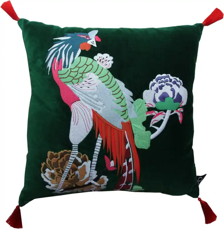 Neu Casa Padrino Luxus Deko Kissen mit Troddeln Bird Green / Red 45 x 45 cm - Feinster Samtstoff - Luxus Deko Accessoires
