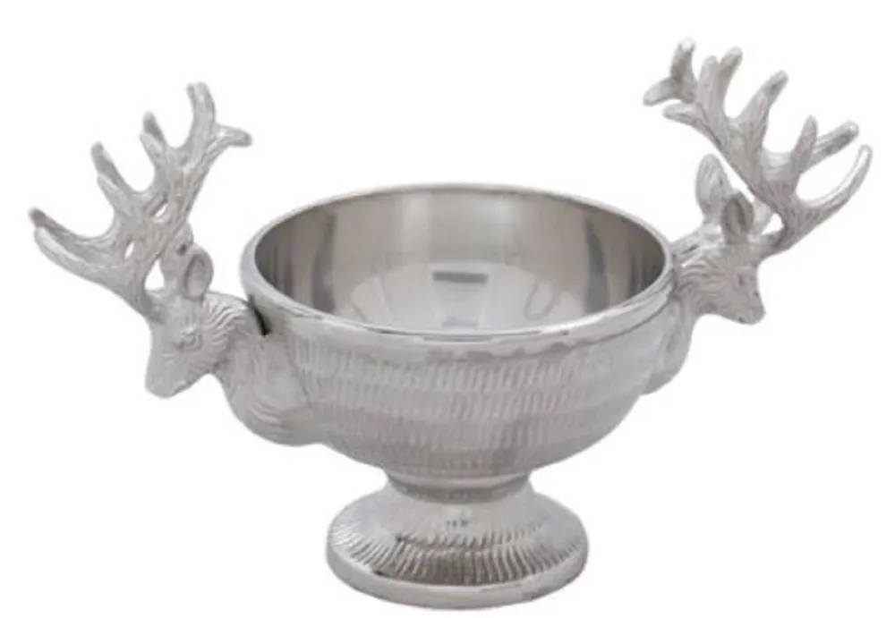 Casa Padrino Luxus Schüssel mit Rentierkopf Tragegriffen Silber 26 x 13 x H. 15 cm - Dekorative Messing Schüssel Preis Gesenkt