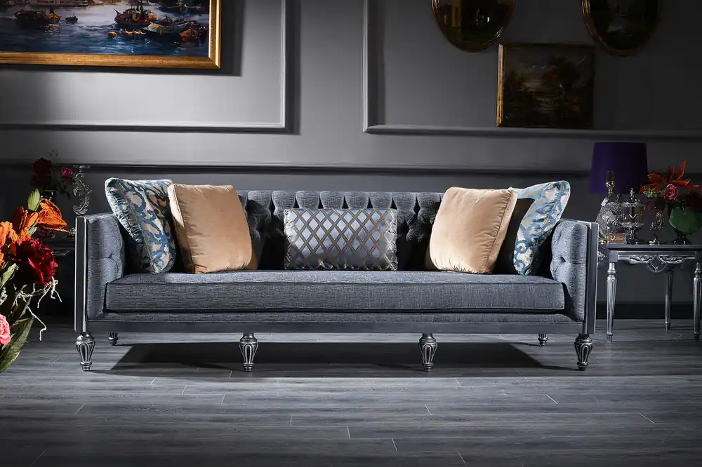 Casa Padrino Luxus Barock Chesterfield Sofa Blau / Silber 250 x 92 x H. 85 cm - Wohnzimmermöbel im Barockstil Schnäppchen