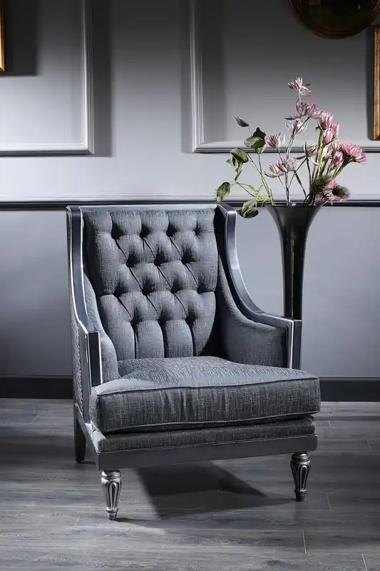 Neuheit Casa Padrino Luxus Barock Chesterfield Wohnzimmer Sessel Blau / Grau / Silber 77 x 76 x H. 100 cm - Barockmöbel