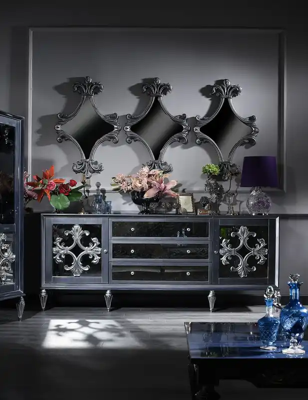 Casa Padrino Luxus Barock Wohnzimmer Set Grau / Blau / Silber - Kommode und 3 Spiegel - Barock Wohnzimmermöbel Garantierte Lieferung