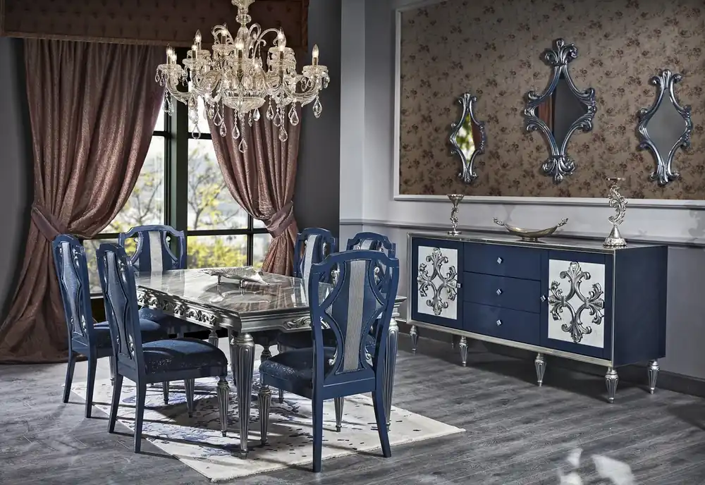 Casa Padrino Luxus Barock Esszimmer Set Blau / Silber - Esstisch und 6 Esszimmerstühle - Barock Esszimmermöbel Bestpreis