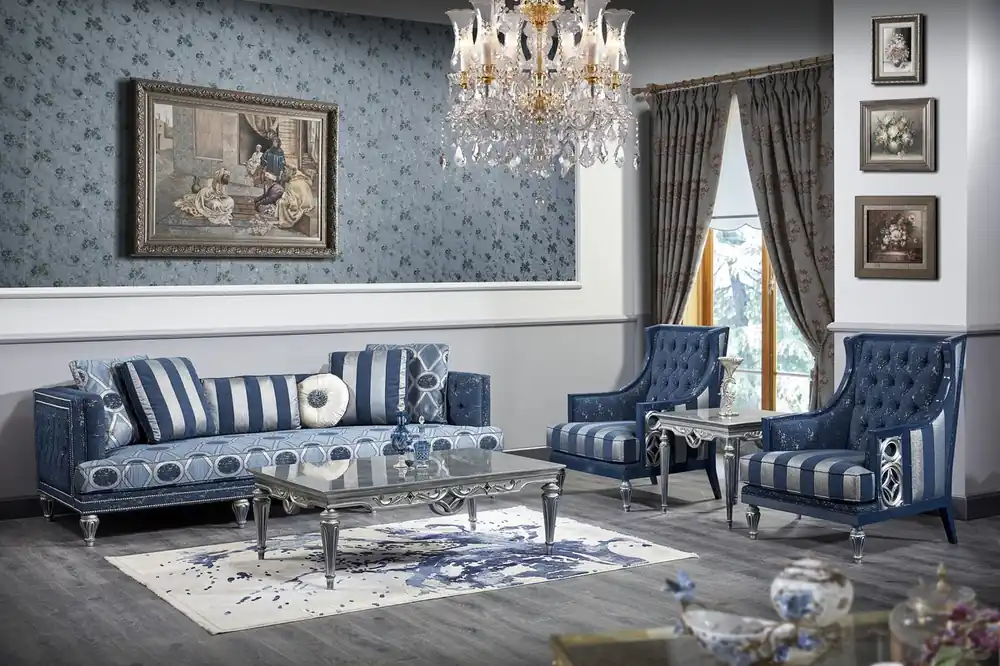 Top-Preis Casa Padrino Luxus Barock Wohnzimmer Set Dunkelblau / Hellblau / Silber - Sofa & 2 Sessel & Couchtisch - Barock Wohnzimmermöbel