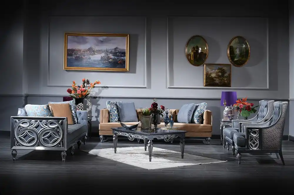 Casa Padrino Luxus Barock Wohnzimmer Set Blau / Beige / Silber - 2 Sofas & 2 Sessel & Couchtisch - Barock Wohnzimmermöbel Zertifiziert