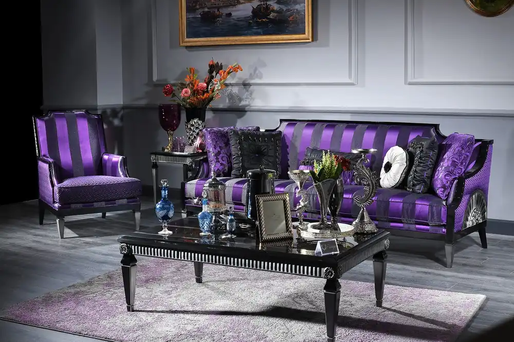 Casa Padrino Luxus Barock Wohnzimmer Set Lila / Schwarz / Silber - 1 Sofa & 1 Sessel & 1 Couchtisch & 1 Beistelltisch - Barockmöbel Jetzt Kaufen