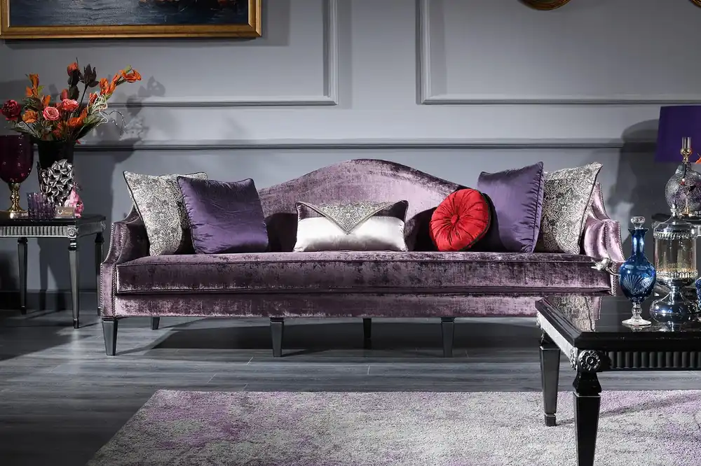 Casa Padrino Luxus Barock Samtsofa Lila / Schwarz / Silber 245 x 93 x H. 90 cm - Wohnzimmer Sofa - Barock Wohnzimmermöbel Saisonangebot