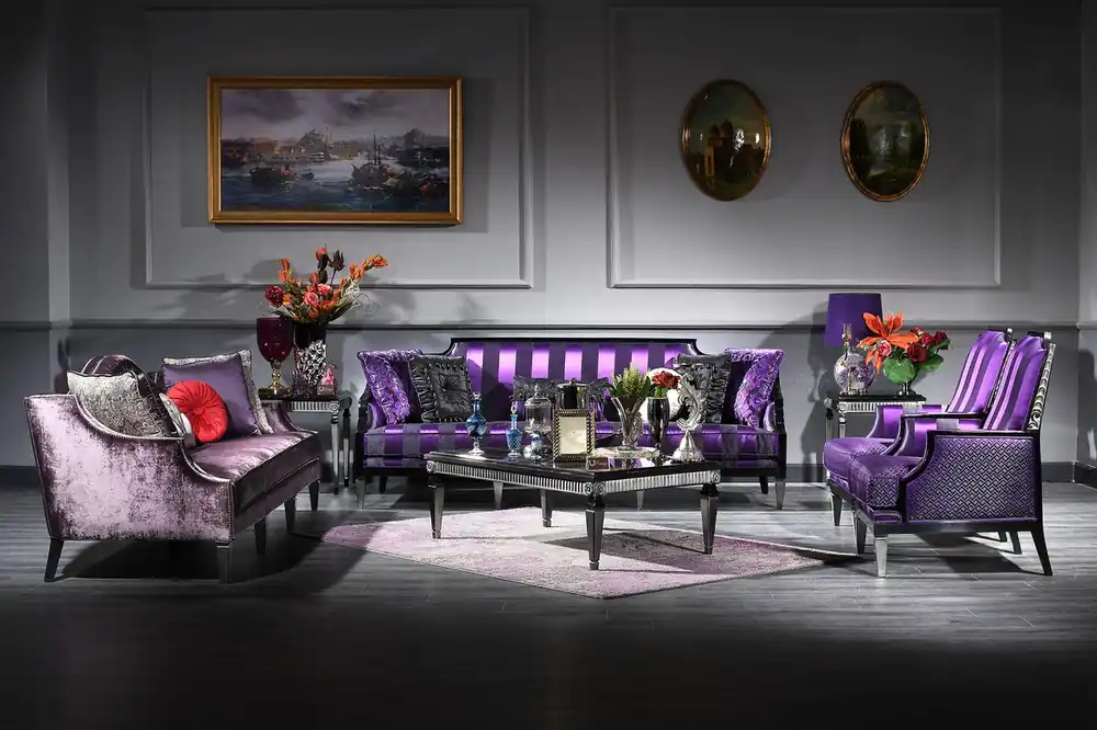 Casa Padrino Luxus Barock Wohnzimmer Set Lila / Schwarz / Silber - 2 Sofas & 2 Sessel & 1 Couchtisch & 2 Beistelltische - Barockmöbel Geprüft
