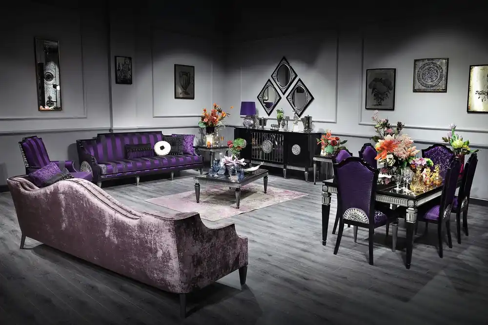 Casa Padrino Luxus Barock Wohnzimmer & Esszimmer Set Lila / Schwarz / Silber - Barockmöbel Neue Ware