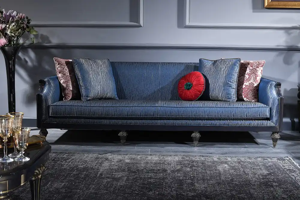 Highlight Casa Padrino Luxus Barock Sofa Blau / Gold / Schwarz 240 x 88 x H. 85 cm - Barock Wohnzimmermöbel