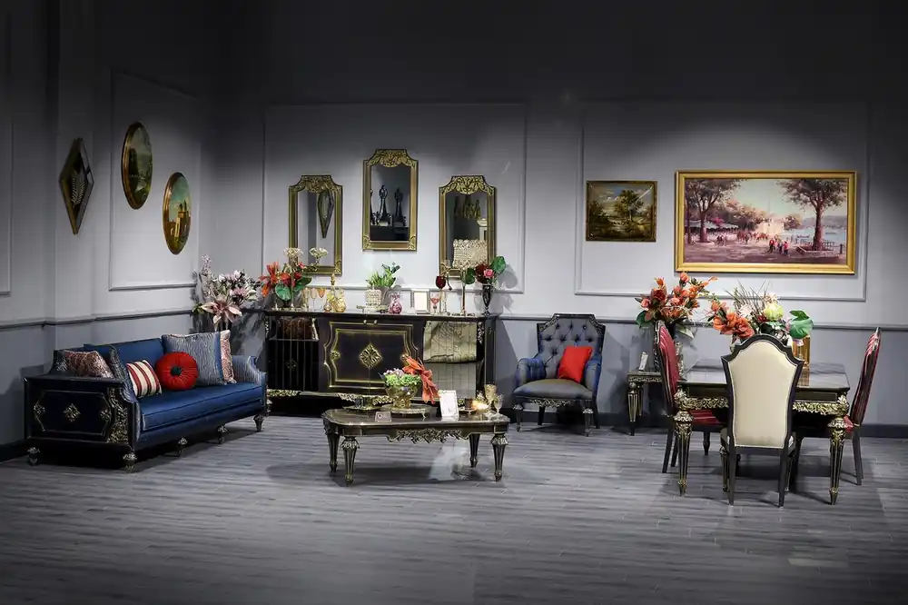 Heißes Angebot Casa Padrino Luxus Barock Wohnzimmer & Esszimmer Set Blau / Schwarz / Gold - Barockmöbel