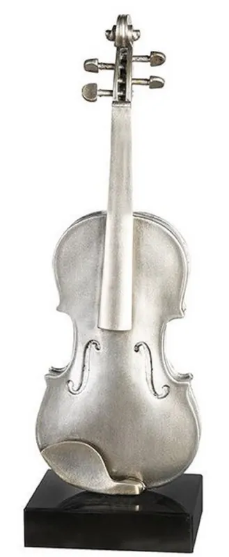 Casa Padrino Deko Violine Silber / Champagnerfarben / Schwarz 21 x 15 x H. 65 cm - Polyresin Geige mit Marmorsockel Echt