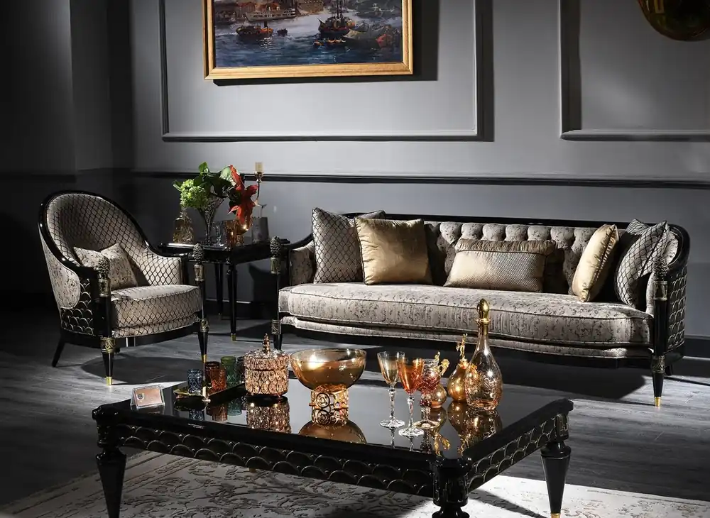 Sonderaktion Casa Padrino Luxus Barock Wohnzimmer Set Silbergrau / Schwarz / Gold - 1 Chesterfield Sofa & 1 Sessel & 1 Couchtisch & 1 Beistelltisch - Barockmöbel