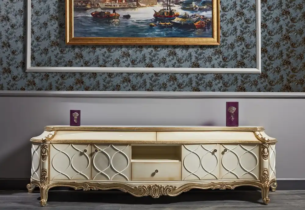 Casa Padrino Luxus Barock Fernsehschrank Weiß / Antik Gold 242 x 65 x H. 70 cm - Prunkvoller Barock Wohnzimmerschrank mit 4 Türen und 3 Schubladen Billig