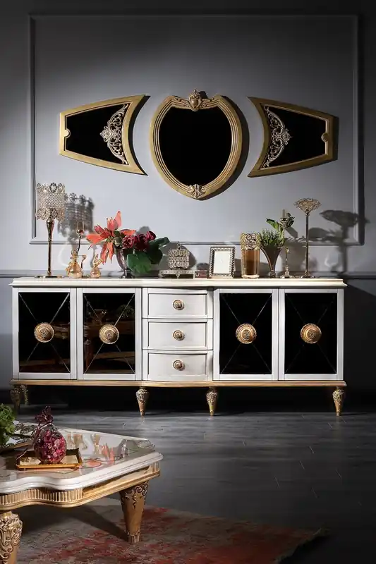 Casa Padrino Luxus Barock Wohnzimmer Set Weiß / Gold - Barock Kommode und 3 Wandspiegel - Barockmöbel Schnäppchen