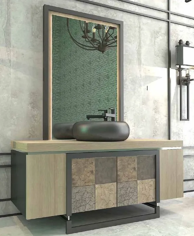 Solange Der Vorrat Reicht Casa Padrino Luxus Badezimmer Set Naturfarben / Mehrfarbig / Schwarz - 1 Waschtisch mit 4 Türen und 1 Waschbecken und 1 Wandspiegel - Luxus Qualität