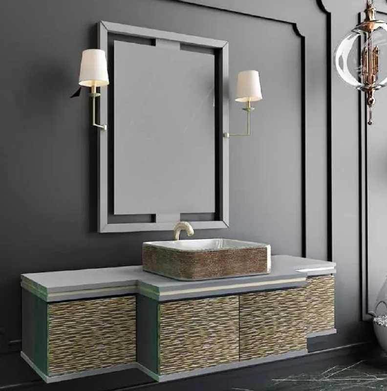 Jetzt Bestellen Casa Padrino Luxus Badezimmer Set Grau / Gold / Schwarz - 1 Waschtisch mit 4 Türen und 1 Waschbecken und 1 Wandspiegel mit 2 Wandleuchten - Luxus Kollektion