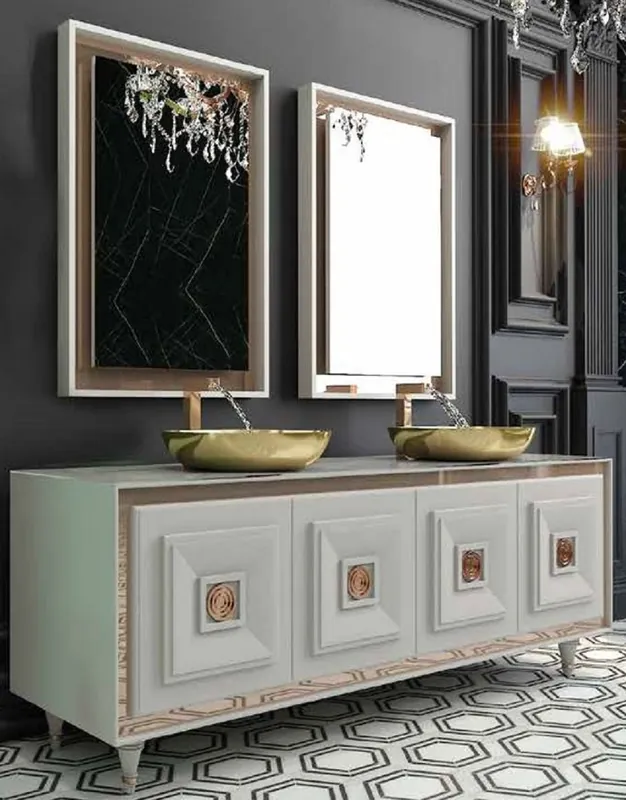 Casa Padrino Luxus Badezimmer Set Weiß / Bronze / Gold - 1 Waschtisch mit 4 Türen und 2 Waschbecken und 2 Wandspiegel - Luxus Badezimmermöbel Sonderaktion