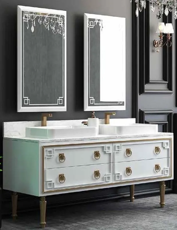 Neue Kollektion Casa Padrino Luxus Badezimmer Set Weiß / Gold - 1 Waschtisch mit 4 Schubladen und 2 Waschbecken und 2 Wandspiegel - Luxus Badezimmermöbel