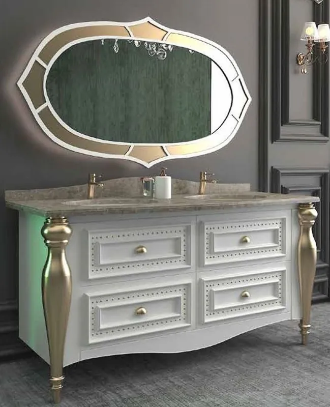 Casa Padrino Luxus Barock Badezimmer Set Weiß / Grau / Gold - 1 Waschtisch mit 4 Schubladen und 2 Waschbecken und 1 Wandspiegel - Prunkvolle Badezimmermöbel Rabatt