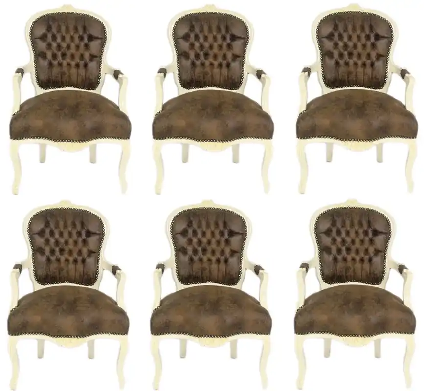 Casa Padrino Barock Salon Stuhl Set Braun / Creme 60 x 50 x H. 93 cm - 6 handgefertigte Salon Stühle mit Lederoptik - Barockmöbel Knallerangebot