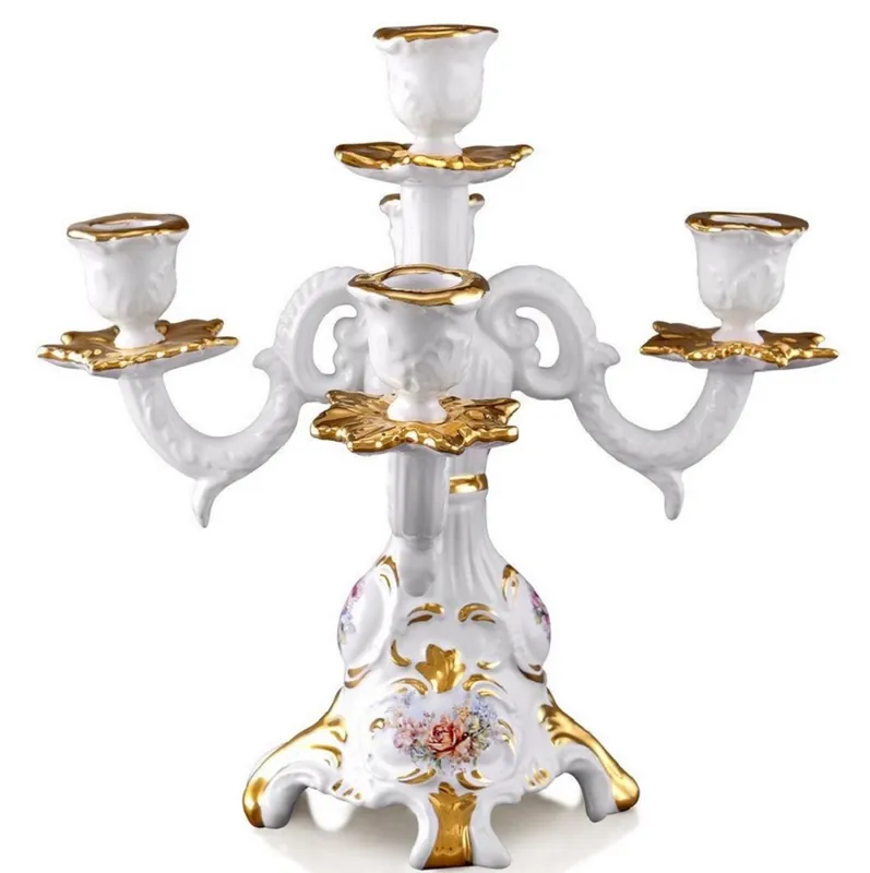 Saisonangebot Casa Padrino Barock Keramik Kerzenhalter Weiß / Gold 28 x 28 x H. 28 cm - Prunkvoller handbemalter 5-flammiger Kerzenständer im Barockstil