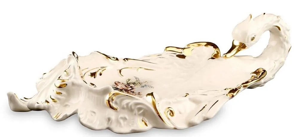 Jetzt Bestellen Casa Padrino Barock Serviertablett Schwan mit Blumen Elfenbeinfarben / Gold / Mehrfarbig 54 x 30 x H. 16 cm - Handbemaltes Keramik Tablett im Barockstil