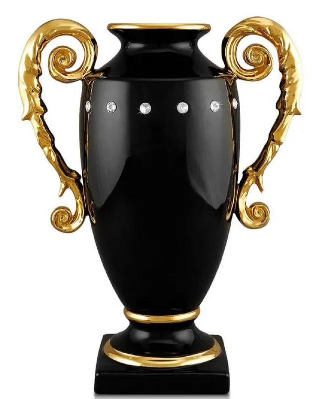 Sale Casa Padrino Barock Vase Schwarz / Gold 28 x 18 x H. 36 cm - Prunkvolle handgefertigte & handbemalte Keramik Blumenvase mit Swarovski Kristallglas