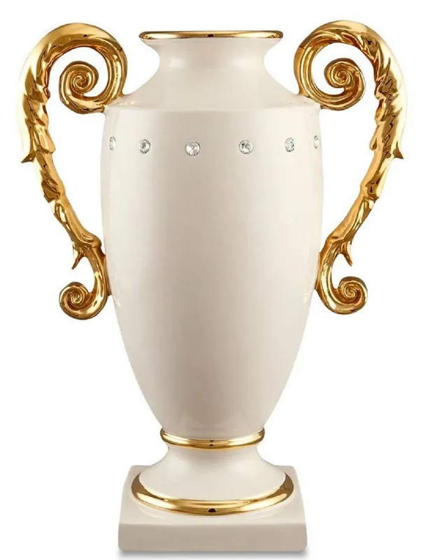 Casa Padrino Barock Vase Elfenbeinfarben / Gold 28 x 18 x H. 36 cm - Prunkvolle handgefertigte & handbemalte Keramik Blumenvase mit Swarovski Kristallglas Neu