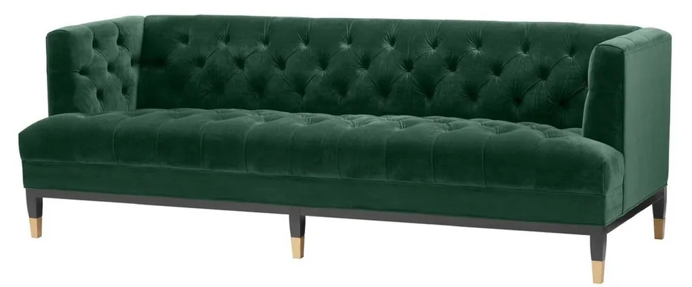 Highlight Casa Padrino Luxus Wohnzimmer Sofa Grün / Schwarz / Messingfarben 230 x 85 x H. 79 cm - Chesterfield Samtsofa