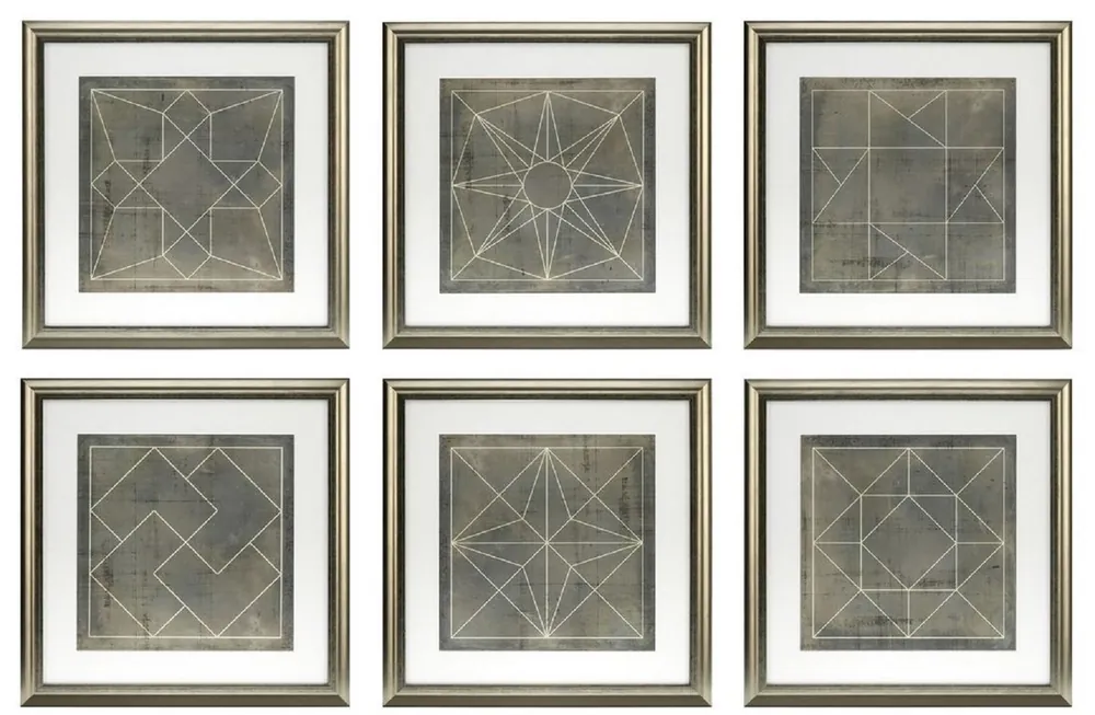 Preisknaller Casa Padrino Blaupausen Set geometrische Formen Grau / Gold 57 x H. 57 cm - Luxus Bilder mit Holzrahmen - Wanddeko