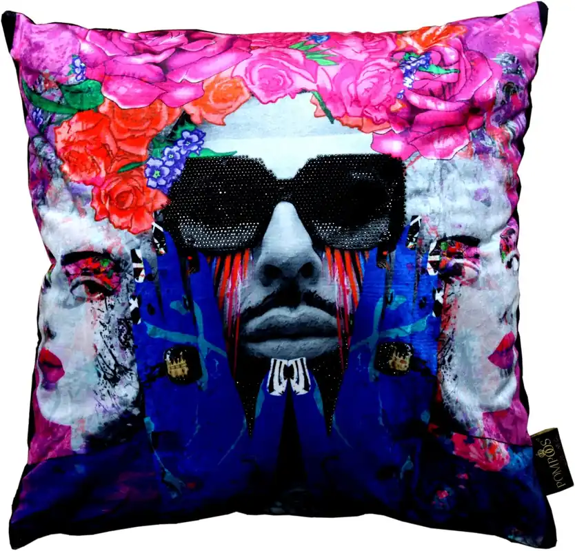 Harald Glööckler Designer Deko Kissen Pompöös by Casa Padrino Face & Sunglasses mit Strass Steinen - Art Collection - Garantierte Lieferung