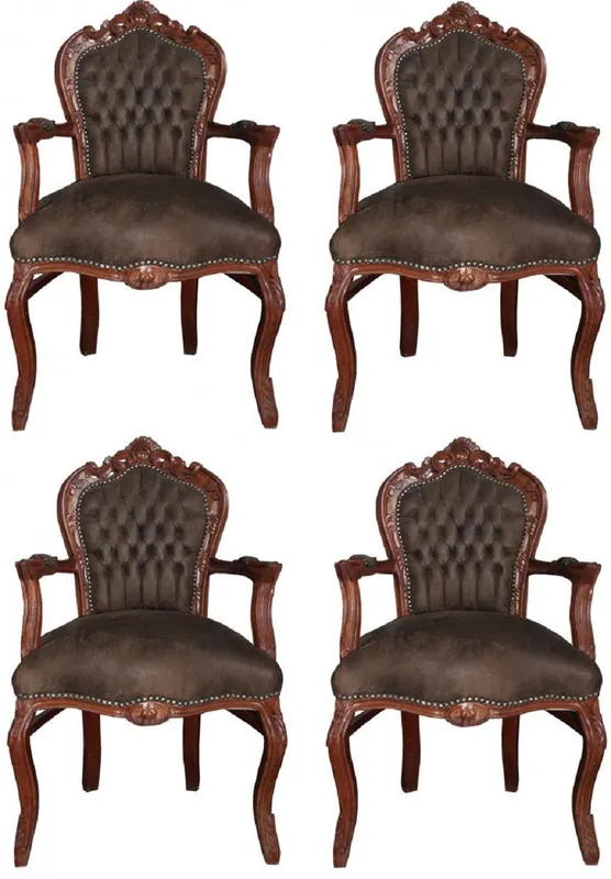 Angebot Casa Padrino Barock Esszimmer Set Braun / Braun Lederoptik 53 x 57 x H. 108 cm - 4 handgefertigte Esszimmerstühle mit Armlehnen - Barockmöbel