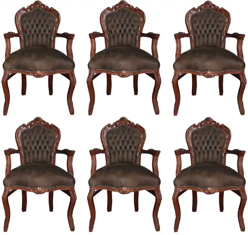 Jetzt Kaufen Casa Padrino Barock Esszimmer Set Braun / Braun Lederoptik 53 x 57 x H. 108 cm - 6 handgefertigte Esszimmerstühle mit Armlehnen - Barockmöbel