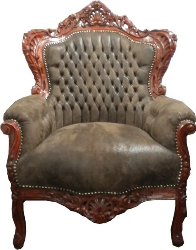 Casa Padrino Barock Sessel King Braun Lederoptik / Braun - Barock Wohnzimmer Möbel Sonderangebot