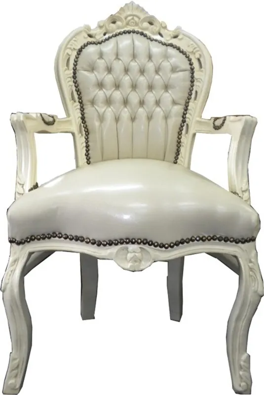 Billig Barock Esszimmerstuhl Creme / Creme Lederoptik mit Armlehnen