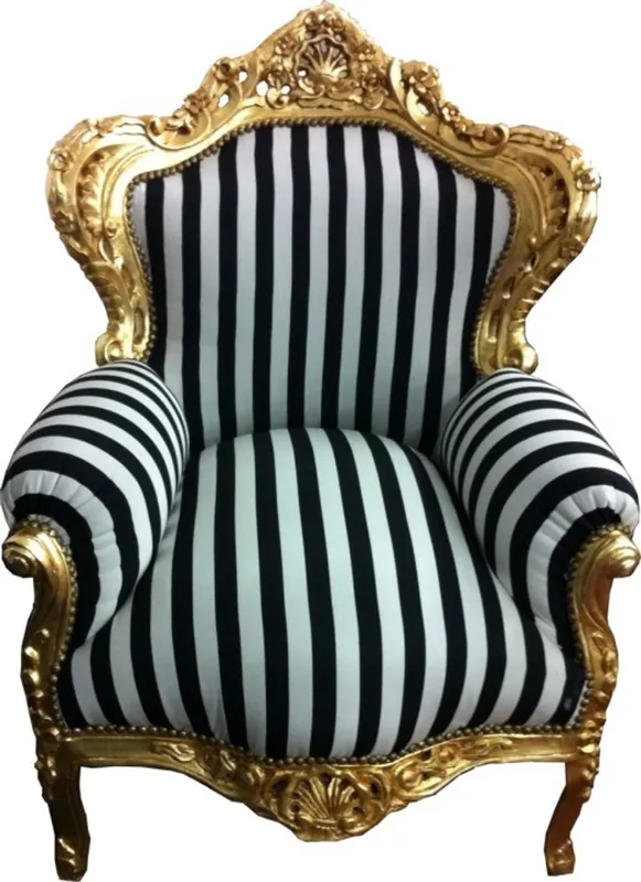 Barock Sessel "King" Schwarz/Weiß Streifen / Gold Neue Ware