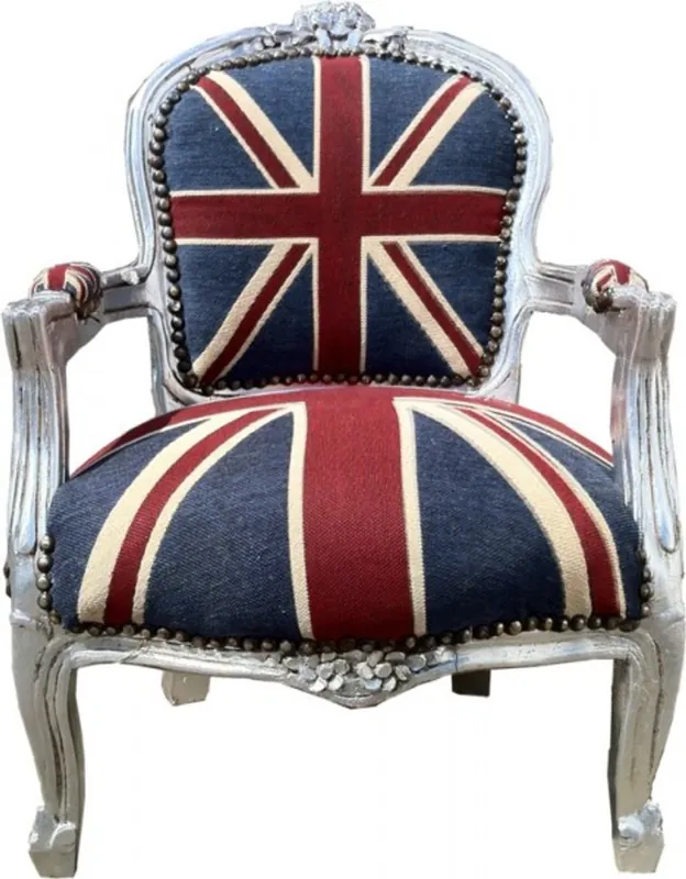 Barock Kinder Stuhl Union Jack/Silber - Armlehnstuhl Mega-Angebot